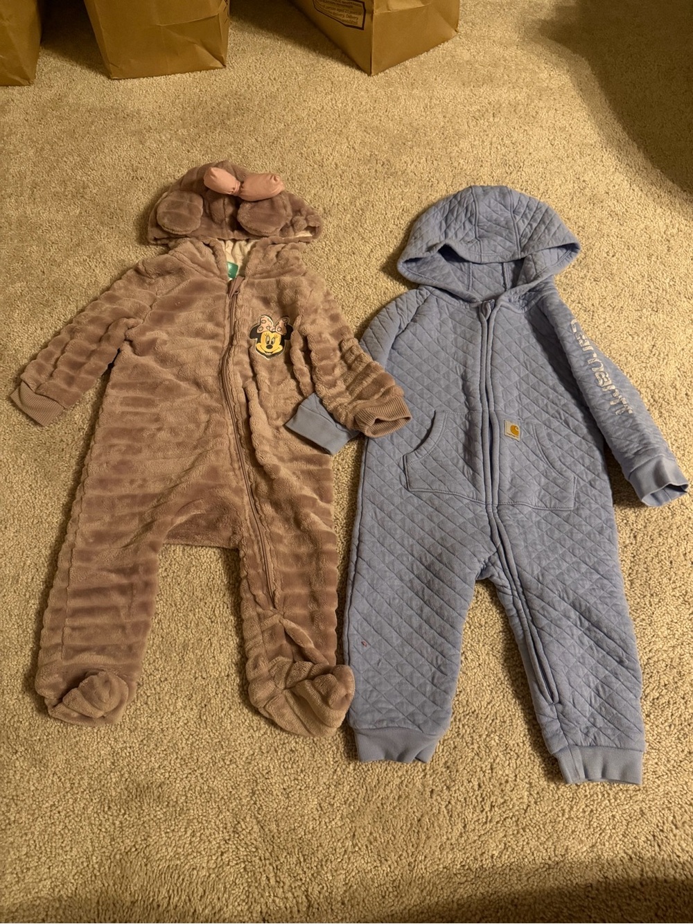 Disney Plush Brown Minnie Hooded Baby One-Piece & Blue Quilted Hooded Footie Set